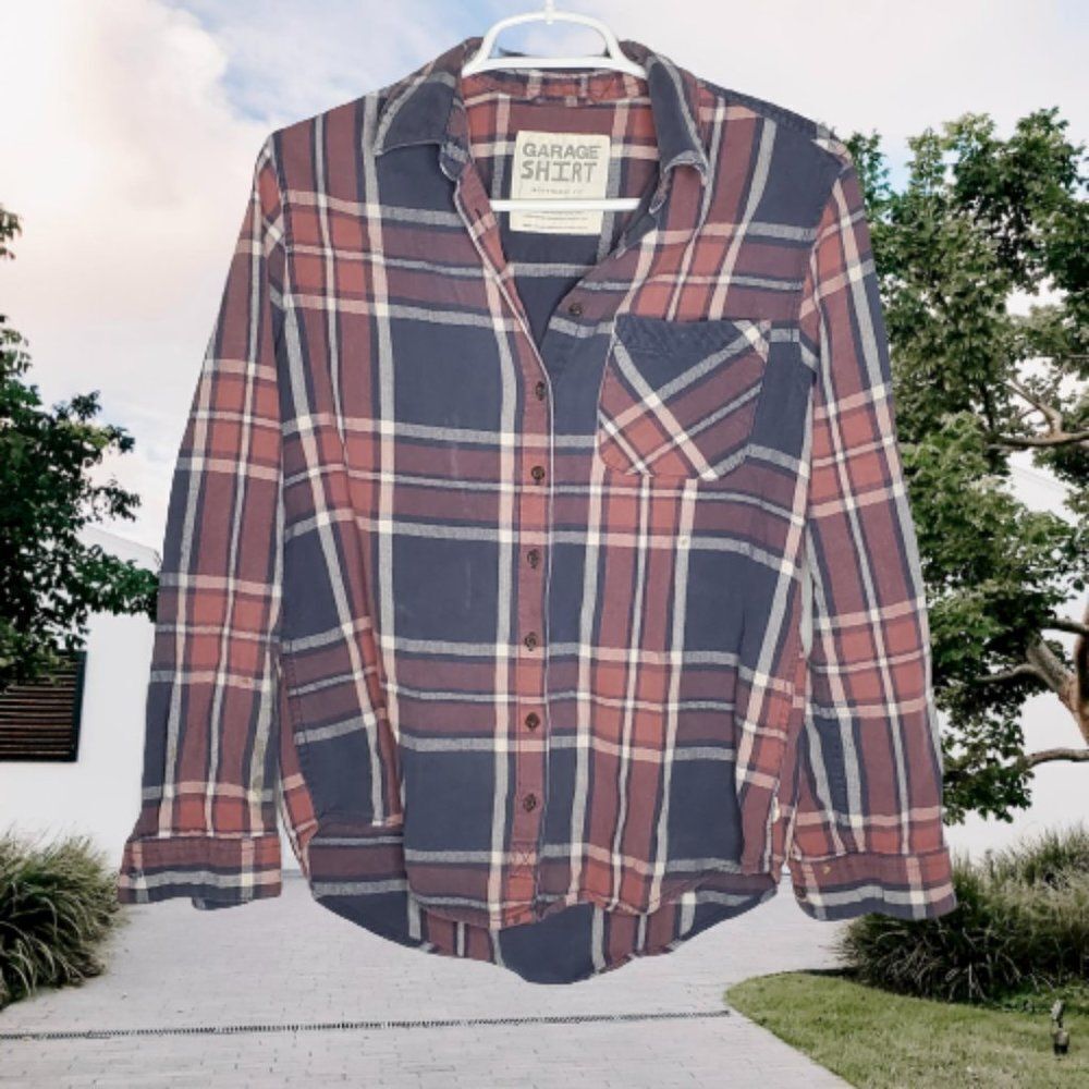 Garage XS Blush Pink, Denim Blue & Dusky Violet Plaid Boyfriend-Fit Flannel